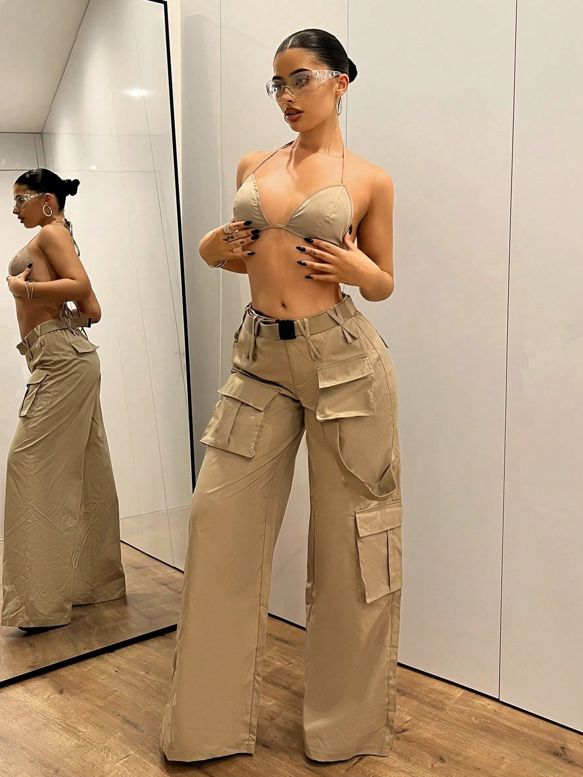 Pantalones extralargos con piernas anchas estilo de ropa de trabajo de doble capa cruzada con cintura baja