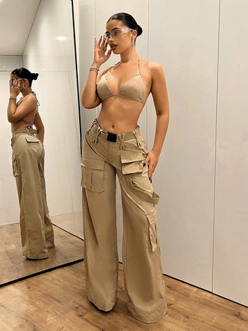 Pantalones extralargos con piernas anchas estilo de ropa de trabajo de doble capa cruzada con cintura baja