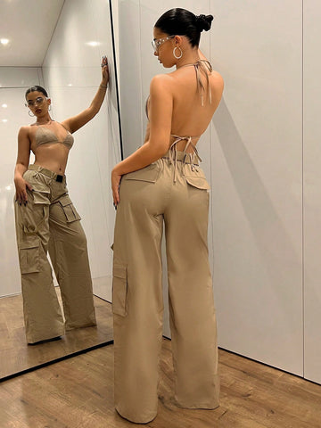 Pantalones extralargos con piernas anchas estilo de ropa de trabajo de doble capa cruzada con cintura baja