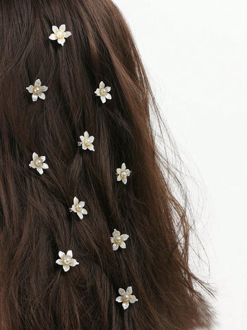 10 piezas Hebillas de pelo con flores blancas de imitación de perlas, dulces y elegantes