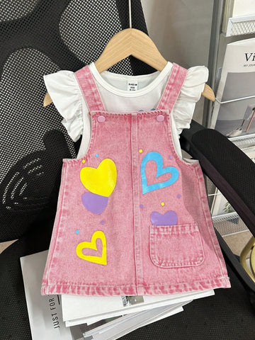 Conjunto de top casual con estampado de corazón y mono de mezclilla para bebé