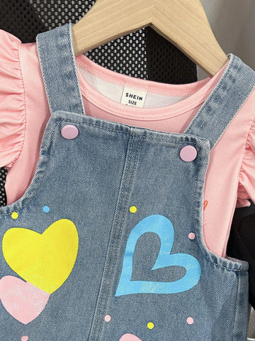 Conjunto de top casual con estampado de corazón y mono de mezclilla para bebé