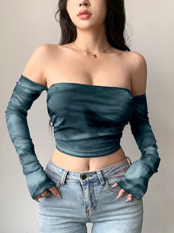 Top de mujer de manga larga, hombros descubiertos, escote en espalda, mangas abultadas y estilo tie-dye de malla transparente
