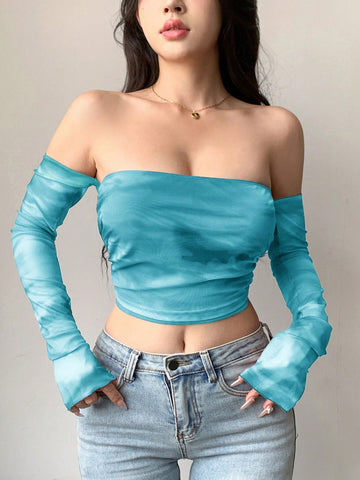 Top de mujer de manga larga, hombros descubiertos, escote en espalda, mangas abultadas y estilo tie-dye de malla transparente