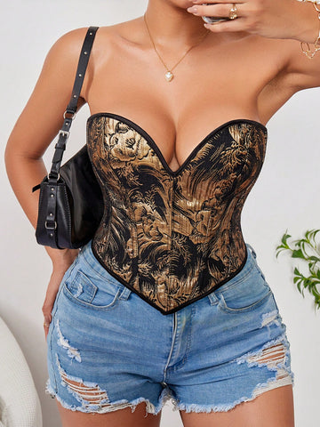 Top de Corset dorado para mujer, sin tirantes, con cordones, cuello de corazón, moldeador de Body corto y sexy