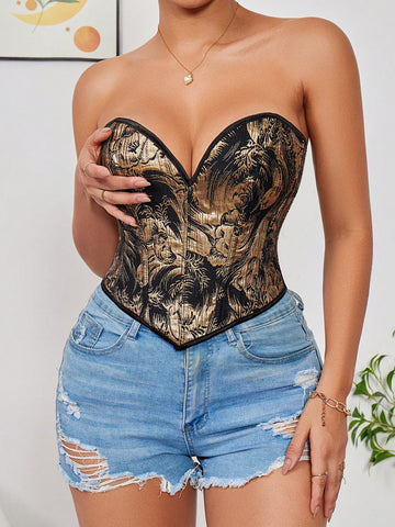 Top de Corset dorado para mujer, sin tirantes, con cordones, cuello de corazón, moldeador de Body corto y sexy