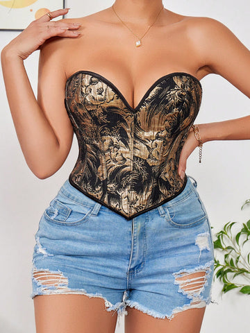 Top de Corset dorado para mujer, sin tirantes, con cordones, cuello de corazón, moldeador de Body corto y sexy