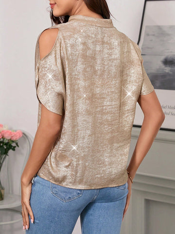 Blusa Sólida Con Hombro Al Aire Y Manga Partida, Camisa Blanca