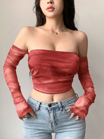 Top de mujer de manga larga, hombros descubiertos, escote en espalda, mangas abultadas y estilo tie-dye de malla transparente