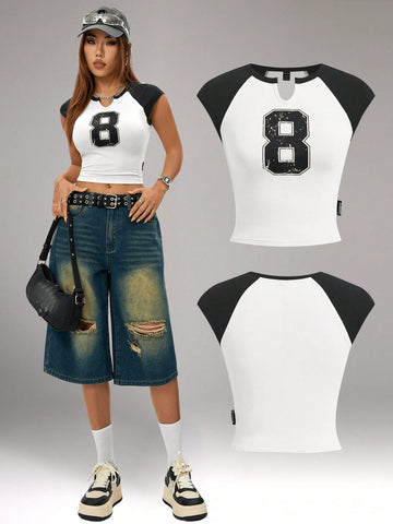 Camiseta con estampado digital de bloque de color de moda para mujer con cuello en V, ideal para conjuntos de primavera/verano