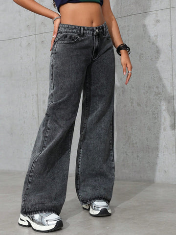 Jeans de pierna ancha casuales para mujer con bolsillo oblicuo para uso diario
