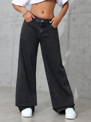 Jeans de pierna ancha casuales para mujer con bolsillo oblicuo para uso diario