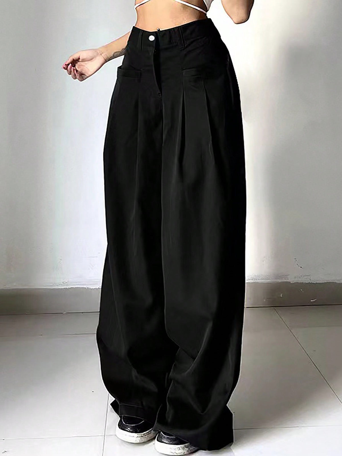 Pantalones anchos plisados de unicolor sueltos de estilo callejero
