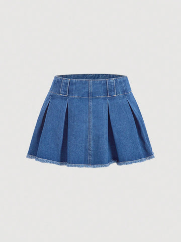 Falda Vaquera De Mezclilla Para Mujer En Color Sólido Con Borde Desfilachado