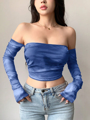 Top de mujer de manga larga, hombros descubiertos, escote en espalda, mangas abultadas y estilo tie-dye de malla transparente