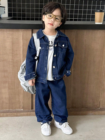 3 piezas Set informal para niño pequeño de camiseta de manga larga estampada, chaqueta de mezclilla y jeans, primavera otoño