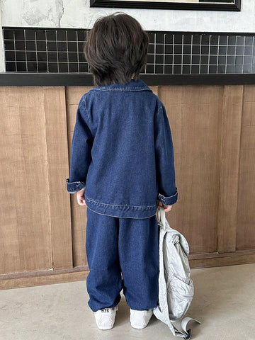 3 piezas Set informal para niño pequeño de camiseta de manga larga estampada, chaqueta de mezclilla y jeans, primavera otoño