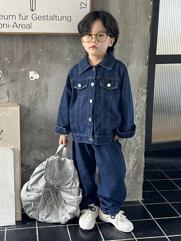 3 piezas Set informal para niño pequeño de camiseta de manga larga estampada, chaqueta de mezclilla y jeans, primavera otoño