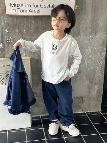 3 piezas Set informal para niño pequeño de camiseta de manga larga estampada, chaqueta de mezclilla y jeans, primavera otoño