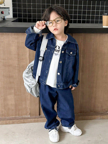 3 piezas Set informal para niño pequeño de camiseta de manga larga estampada, chaqueta de mezclilla y jeans, primavera otoño