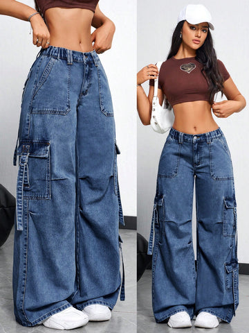 Jeans sueltos y casuales con bolsillos, pliegues y diseño de pierna ancha, con botones, bolsillos y cierre, tiro bajo, pierna ancha