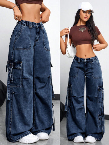 Jeans sueltos y casuales con bolsillos, pliegues y diseño de pierna ancha, con botones, bolsillos y cierre, tiro bajo, pierna ancha