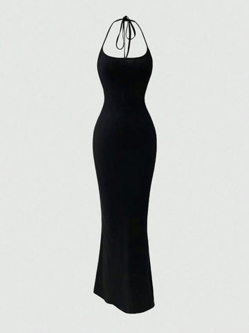 Vestido entallado de mujer con halter estilo sirena, color negro