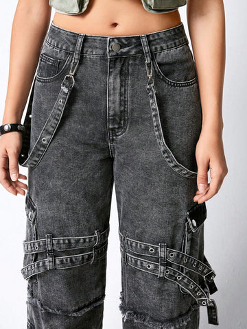 Jeans de pierna ancha para mujer con decoración de cinta metálica, estilo callejero informal y punk