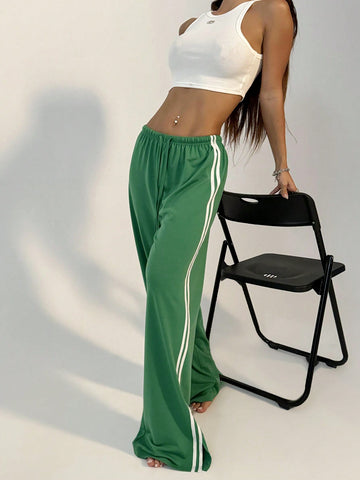 Pantalón de chándal recto con cordón y raya lateral, de moda casual y deportiva para mujer