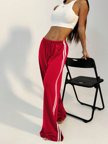 Pantalón de chándal recto con cordón y raya lateral, de moda casual y deportiva para mujer