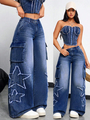 Jeans anchos casuales para mujer con bolsillos