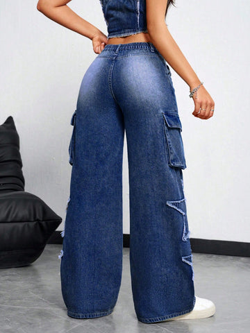 Jeans anchos casuales para mujer con bolsillos