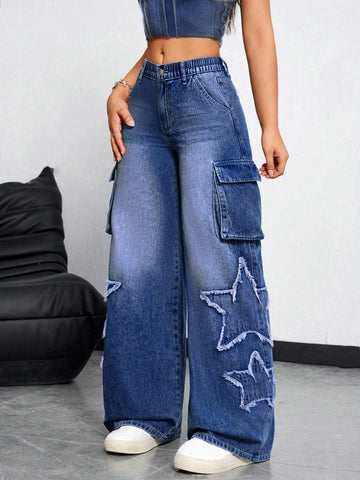 Jeans anchos casuales para mujer con bolsillos