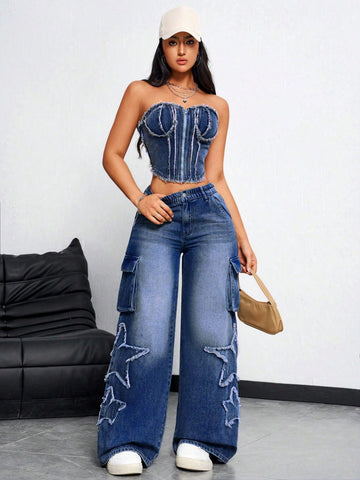 Jeans anchos casuales para mujer con bolsillos