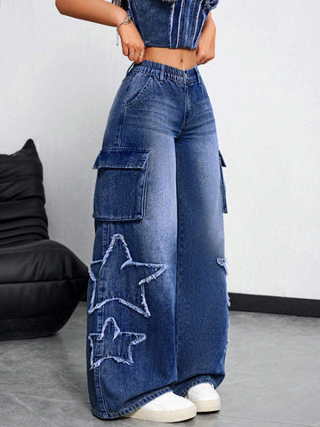 Jeans anchos casuales para mujer con bolsillos