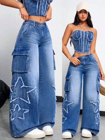 Jeans anchos casuales para mujer con bolsillos