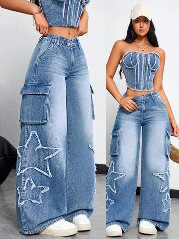 Jeans anchos casuales para mujer con bolsillos