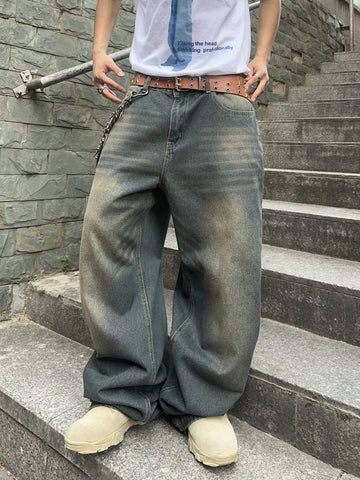 Pantalones vaqueros holgados de pierna ancha y desgastados informales para hombres