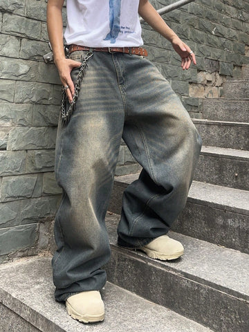 Pantalones vaqueros holgados de pierna ancha y desgastados informales para hombres