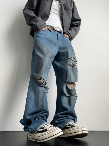 Jeans anchos de pierna vintage estilo Y2K desgastados y desteñidos