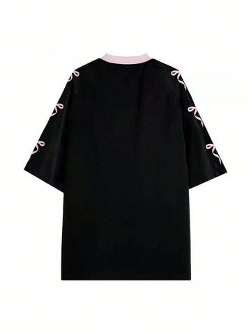 Camiseta casual simple con cuello redondo, manga media, lazo y estampado de números para mujer