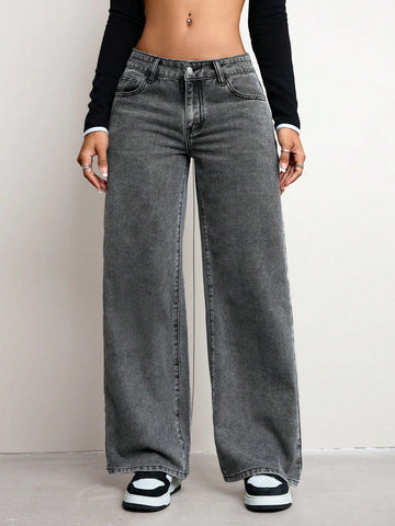 Jeans de pierna ancha casuales para mujer con bolsillo oblicuo para uso diario