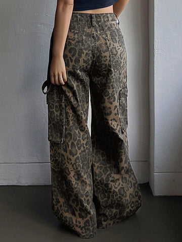 Pantalones de carga de mujer con estampado de leopardo, pantalones vaqueros con bolsillos grandes