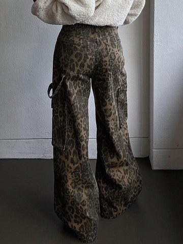 Pantalones de carga de mujer con estampado de leopardo, pantalones vaqueros con bolsillos grandes