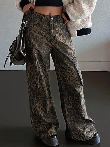 Pantalones de carga de mujer con estampado de leopardo, pantalones vaqueros con bolsillos grandes