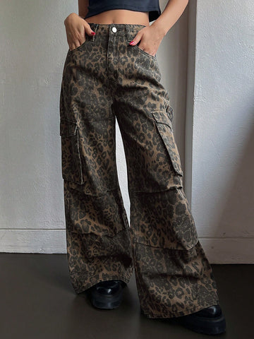 Pantalones de carga de mujer con estampado de leopardo, pantalones vaqueros con bolsillos grandes