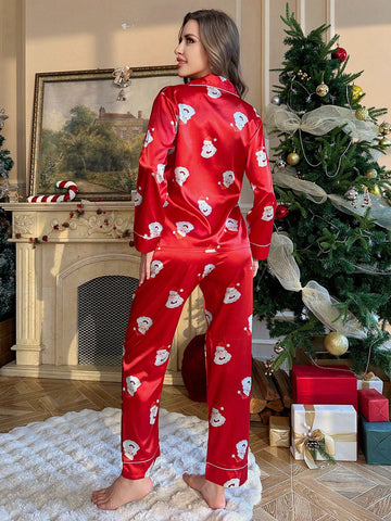 Pijama de manga larga de seda sintética con estampado de Papá Noel
