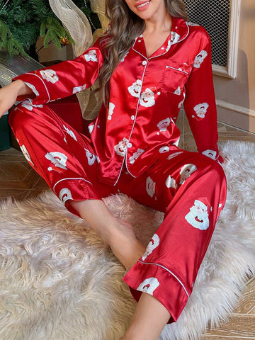 Pijama de manga larga de seda sintética con estampado de Papá Noel
