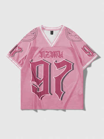 Camiseta de jersey de manga corta con cuello en V, holgada y casual, con estampado de dígitos