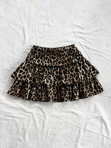 Falda mini casual con volantes de doble capa y pliegues con estampado de leopardo vintage para mujer